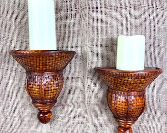 Set of 2 Vintage Brown Rattan/Wicker Wall Sconces