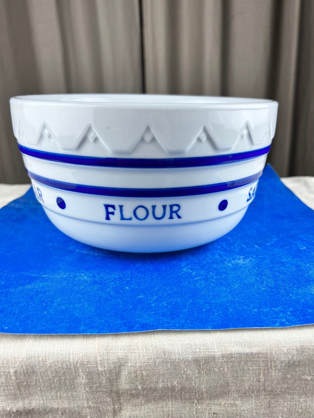 Vintage White Ceramic Mixing Bowl With Embossed Baking Terms flour
