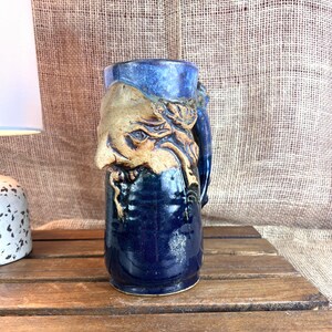 Vintage Flat Earth Tribal 3D Face Pitcher Signed Artist “KH”~ Cobalt Blue Glaze~Folk Art~1983
