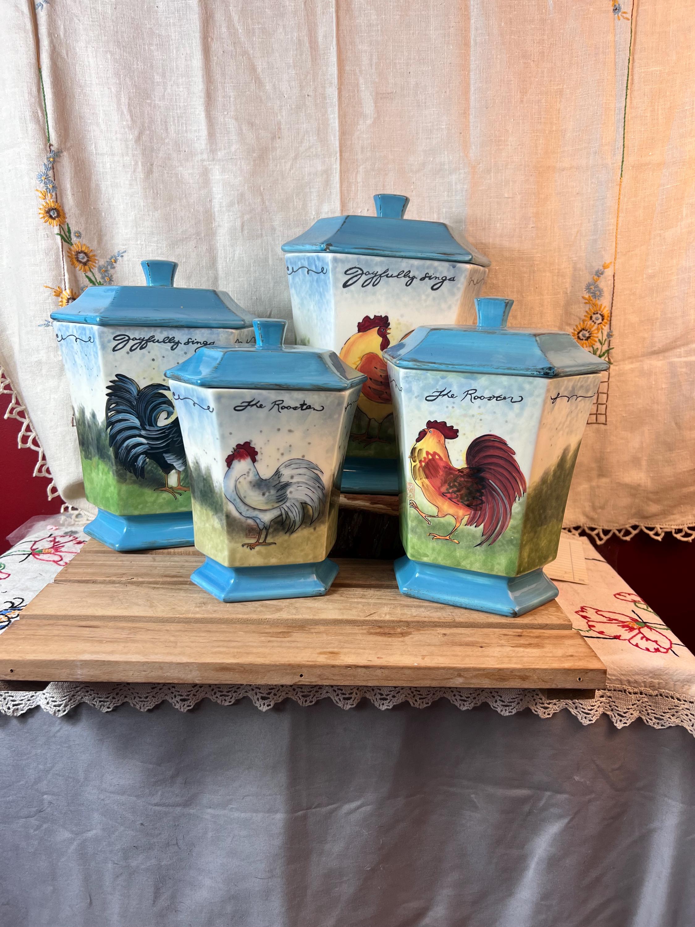 Susan Winget Certified International Rooster “ Joyfully Canisters