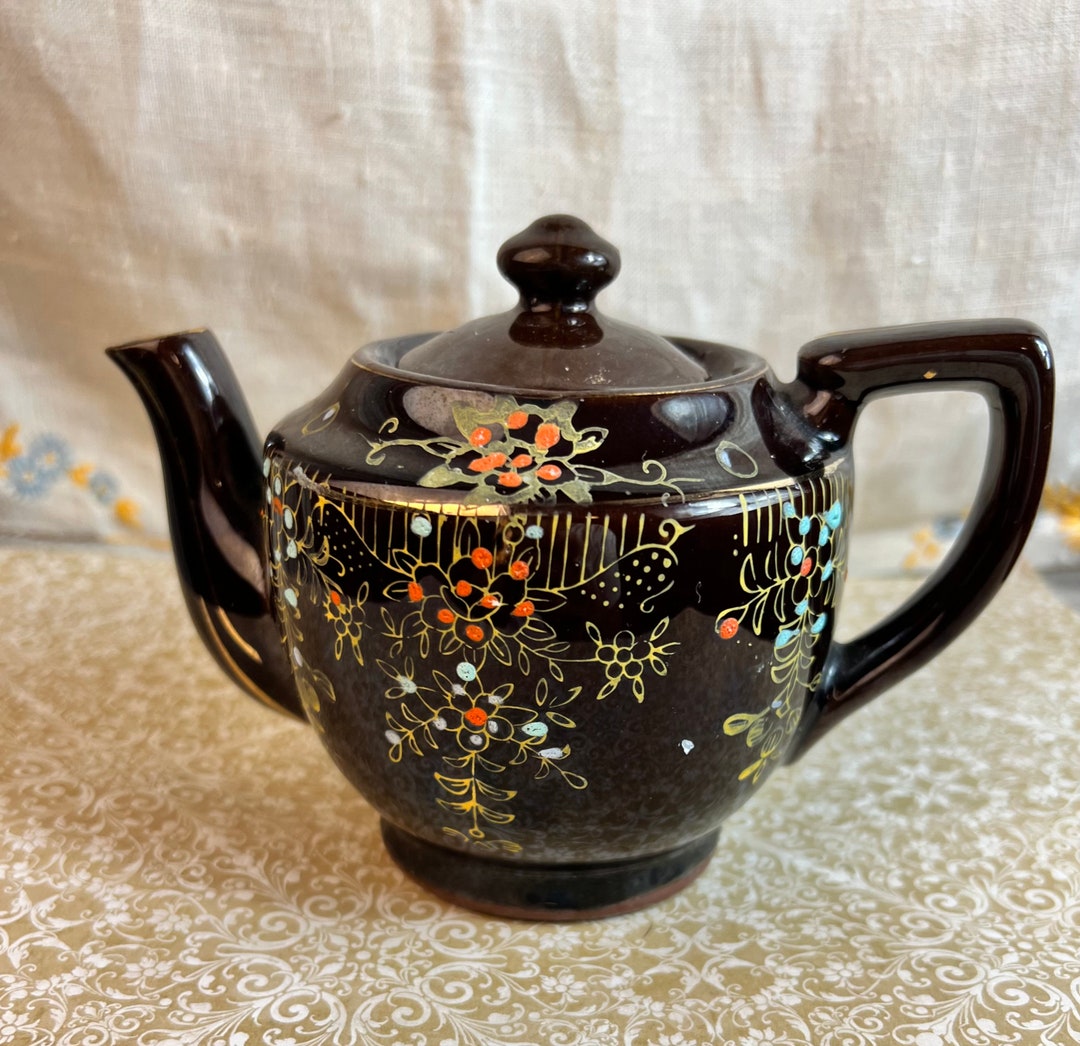 Vintage Brown Glaze Japanese Redware Teapot Handpainted Moriage Style 2