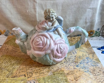 Avon Porcelain Angel Teapot, Decorated with Pink Roses in Relief