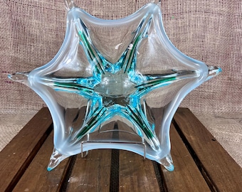 Hand Blown  Studio Art Glass Bowl/Dish, Aqua/Teal to Green and Opalescent Glass Decor~Christmas Decor~1960’s~MCM~Italy
