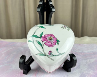 Treasure Trove Porcelain  Heart Shaped Trinket Box with Pink Flower~Valentines Day gift