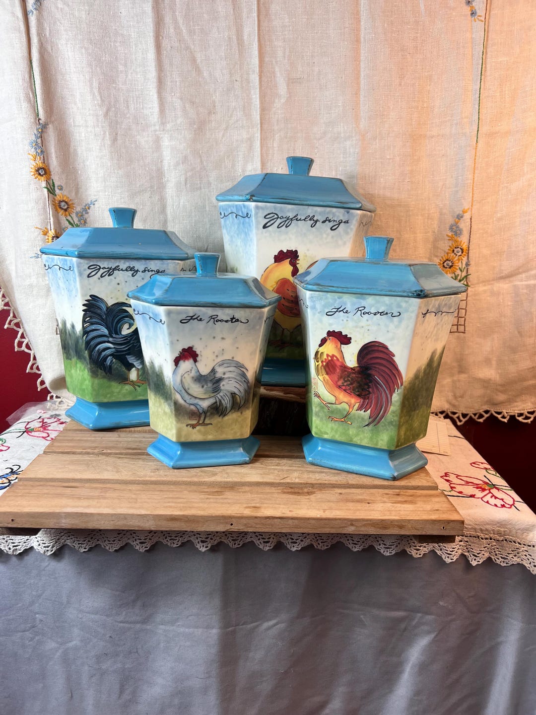 Susan Winget Certified International Rooster “ Joyfully Canisters