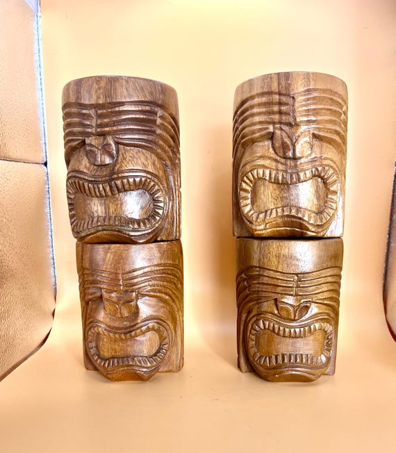 Vintage Hand Carved Monkey Pod Tiki Mugs, Set of 4, Philippines - Etsy