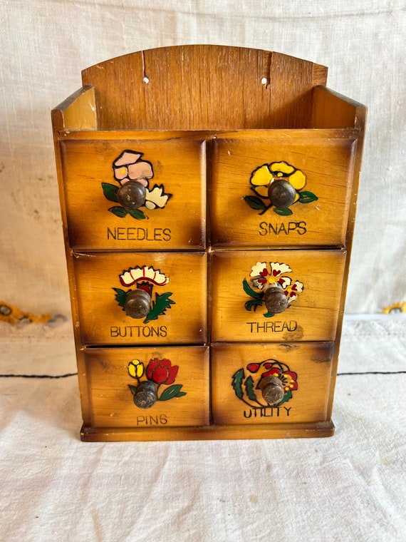 Vintage Sewing Cabinet With Wooden Drawers Organizer for Pins Needles  Thread Floral Design 