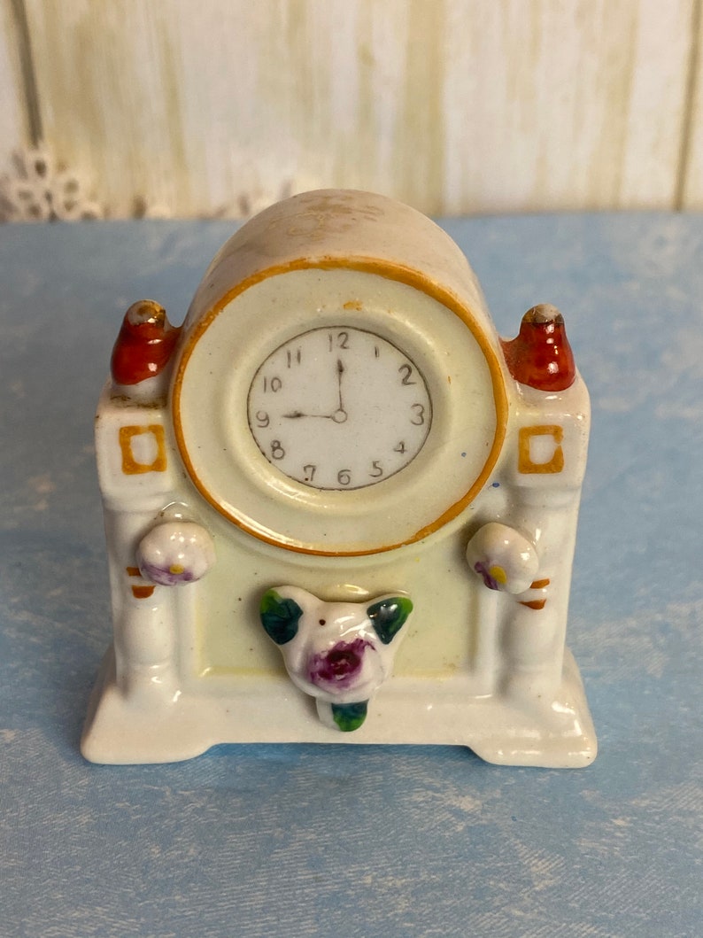 Miniature Porcelain Clock Figurine Made in Occupied Japan between 1947-1952