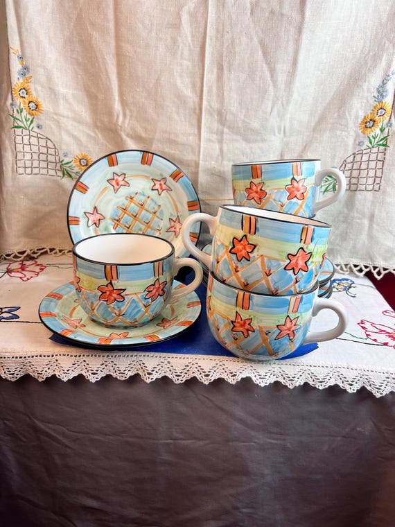 Vintage Set de 4 JC Penny Home Trends Tazas y platos de ceramica colorida Vajilla Etsy Mexico