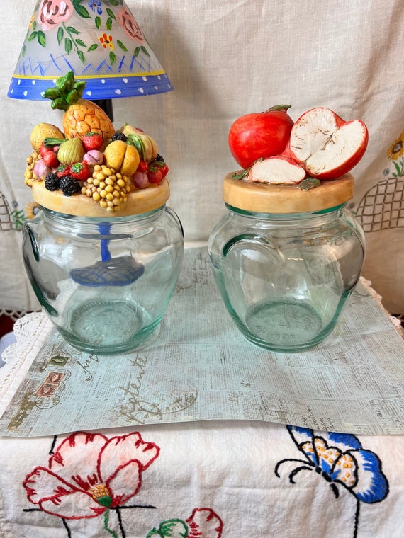 Set of 2 VTG Fruit Lid Jar Made in Italy/glass Storage/ Home Decor Glass  Jars/rare 