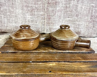 Set of 2 Vintage Glazed Stoneware Ceramic Soup Croc~Steamer Pots~Vented~Handles and Lids