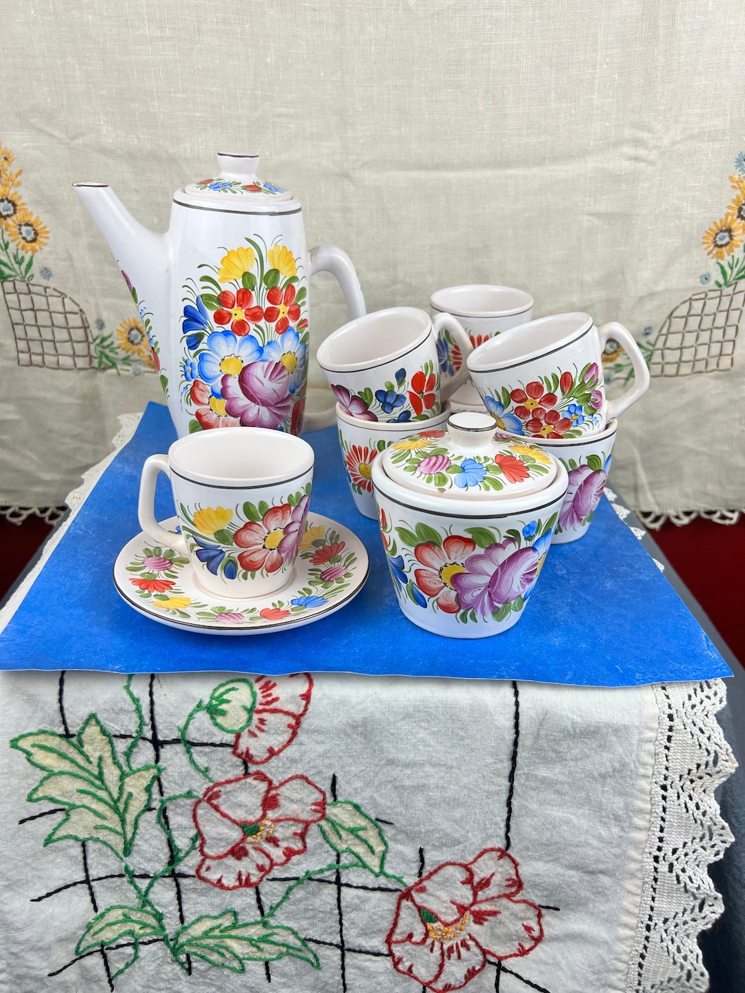 Beautiful Floral Ceramic Pottery Tea Set Made in Italysigned and