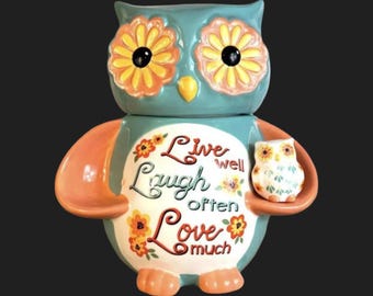 Cracker Barrel Owl Cookie Jar W/ Salt Shaker~”live Life Love”