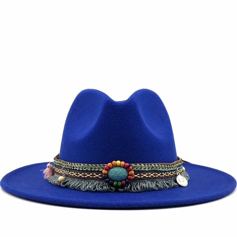 Wool Felt Jazz Fedora Hats For Men Or Women White Wide Brim Boho Style Band Fedora Hat