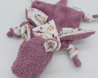 Kleine knuffeldraak mauve/bloemen en bladeren/knuffeldeken/geboortecadeau