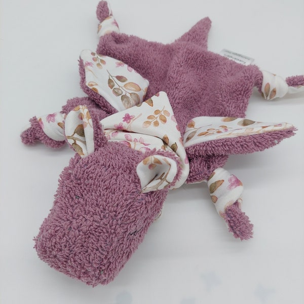 Kleiner Kuscheldrache Mauve/ Blüten und Blätter/ Schmusetuch / Geschenk Geburt