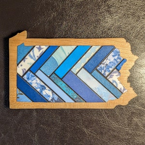 Pennsylvania Magnet in Solid Hardwood With a Blue and Green Decoupage Pattern