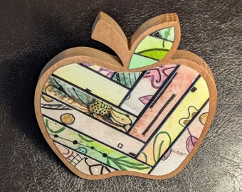 Apple Magnet in Solid Hardwood, Decoupaged in Original Art