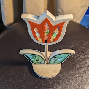 Tulip Flower Figurine in Solid Hardwood, Decoupaged in Oranges and Greens