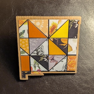 New Mexico Magnet in Solid Red Oak, Decoupaged in a Triangle Pattern