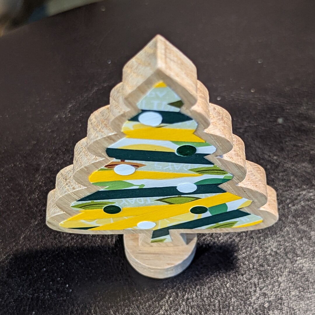 Little Christmas Tree Figurine in Solid Oak, Decoupaged in Green, Yellow and White Etsy