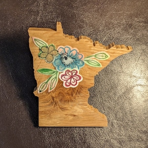 Minnesota Magnet in Solid Oak With a Floral Decoupage by Noelle