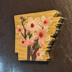 Arkansas Magnet in Solid Oak, Decoupaged with Pink Flowers