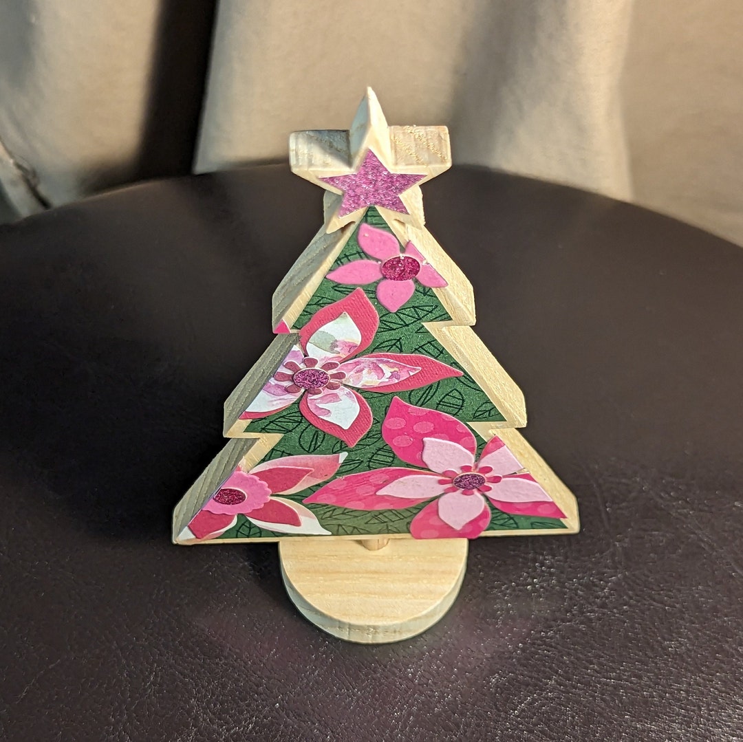 Christmas Tree Figurine in Solid Ash Trimmed in Pink Floral Etsy