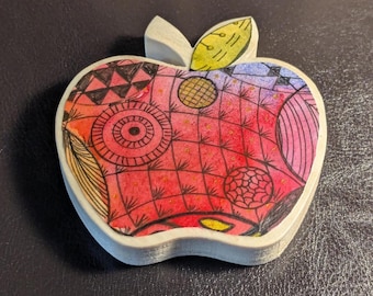 Apple Magnet in Solid Aspen, Decoupaged in Original Art