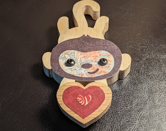 Monkey Holding a Heart Magnet in Solid Hardwood, Decoupaged by Noelle