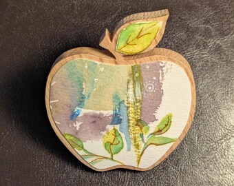 Apple Magnet in Solid Oak, Decoupaged in Original Art