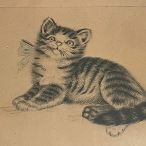 1951 Kitten with Bow - Gold Vintage Frame with Kitten wearing a little Bow - Vintage Signed Sketched Pencil Kitten