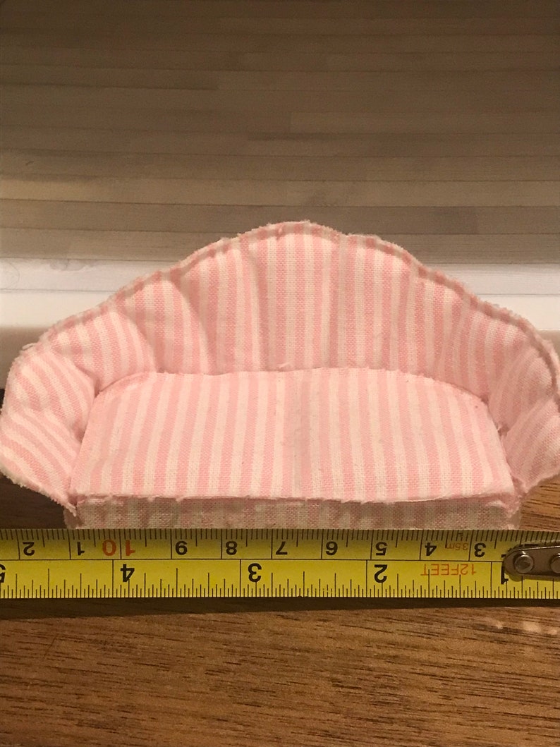 Soft Pink and White striped couch with scallop design . Pretty in Pink Lundby Lamp with Matching Sofa
