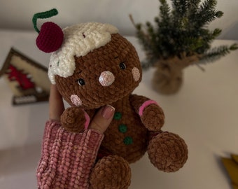May include: A brown crocheted gingerbread man toy with white icing and a red cherry on top. The toy has a pink nose and green buttons.