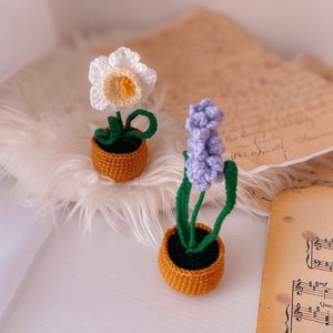 Puede incluir: Dos arreglos florales de ganchillo en pequeñas macetas marrones. Las flores son blancas y moradas. La flor blanca es un narciso y la flor morada es un jacinto.