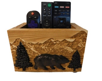 Remote Control Holder / farmhouse decor a great housewarming gift or a gift for dad with a black bear mountain theme