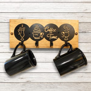 Rustic Coffee Mug Holder with Hooks – Farmhouse Wall Decor, Wooden Kitchen Organizer, Coffee Bar Accessory, Cup Rack Display
