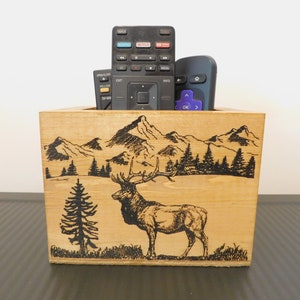 Engraved Elk Wooden Remote Control Holder: Farmhouse Decor Storage Box