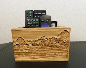 Remote Control Holder / farmhouse decor a great housewarming gift or a gift for dad  with a Mountain background scenery