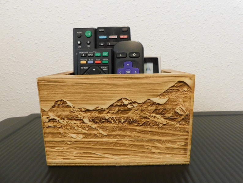 Remote Control Holder / farmhouse decor a great housewarming gift or a gift for dad with a Mountain background scenery image 1