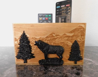 Remote Control Holder / farmhouse decor a great housewarming gift or a gift for dad with a Howling Wolf Mountain Theme