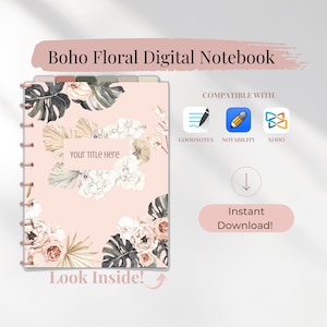 May include: A digital notebook template with a pink background and floral design. The template is compatible with Goodnotes, Notability, and Xodo apps. The text "Your title here" is included on the cover.
