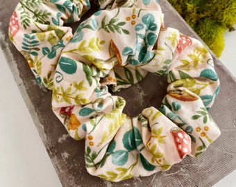 Mushroom Print Scrunchie Botanical Hair Accessory Pastel Pink Scrunchie Mushroom Sage Scrunchie Floral Mushroom Gift  Mushroomcore Floral