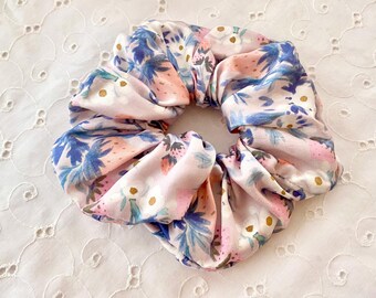 Silky Strawberry Garden XXL Scrunchy Eco Ink Satin Print Scrunchie Strawberry Print Garden Flowers Gift Pink Blue Berry Grandmillenial