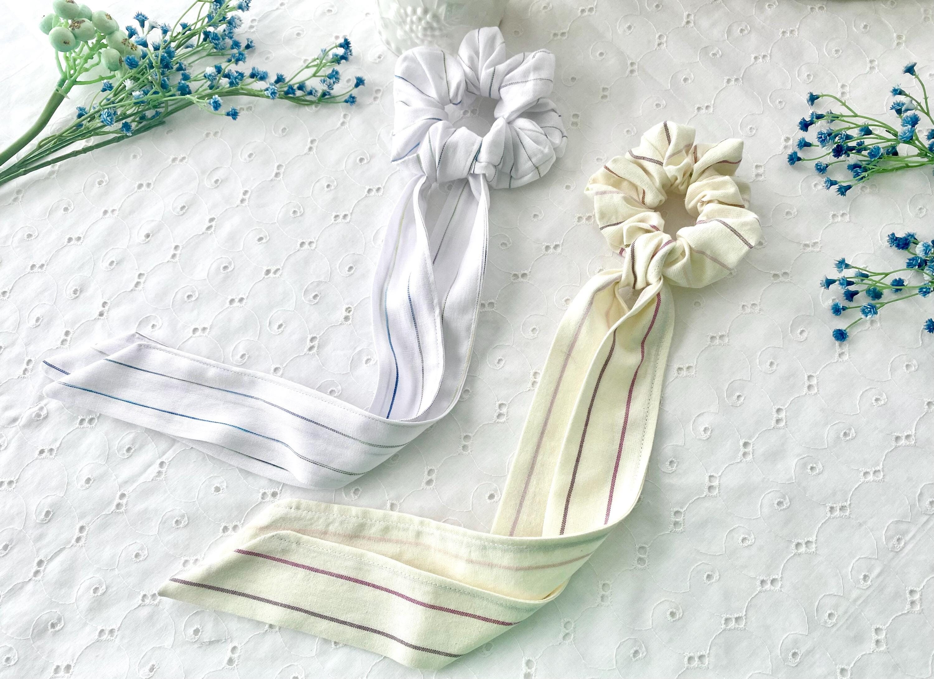 Scarf Scrunchie Set Striped White or Beige, PonyTail, Transitional Preppy, Classic, Boho Flexible Style Multi Use Accessory Bow Scrunchy