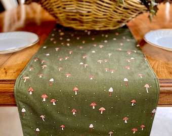 Mushroom-Themed Decor Reversible Table Runner Table Topper Olive Green Washable Cotton Accessory Toadstool Gift CottageCore Lover