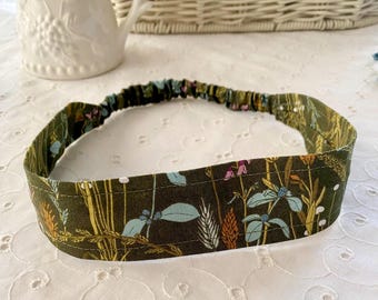Olive Green Floral Organic Cotton Headband Elastic Botanical Floral Fall Hair Accessory Unique Cute Tapered Comfortable Design