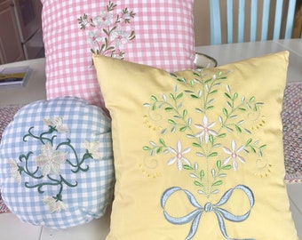 Embroidered Floral Mini Pillow Set, Pastel Gingham Cottagecore Decor