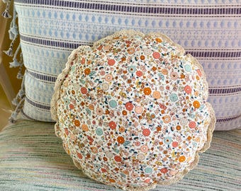 Handcrafted Floral Pillow, Organic Cotton Crochet Trim, Cottagecore Decor