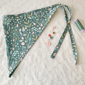 Pretty Garden Floral Bandana CottageCore Kerchief Spring Greens and Pink Triangle Head Scarf Gift under 20 Gift for Her Botanical Sage Green